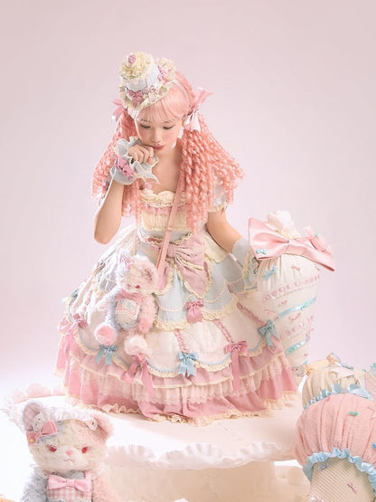 Sweet Blue Details Neckline Lolita Pink Dress Sleeves Square and Bowknot Puff