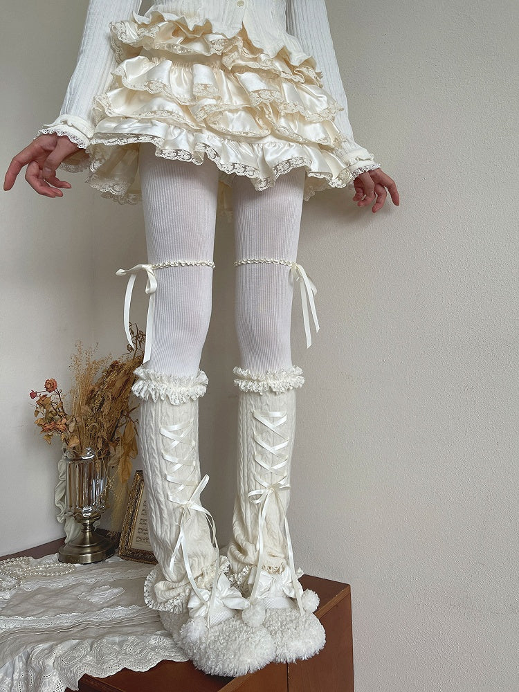 White Knit Lace with and Trim Leg Cable Bowknot Warmers Strip