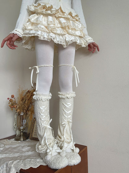 White Knit Lace with and Trim Leg Cable Bowknot Warmers Strip
