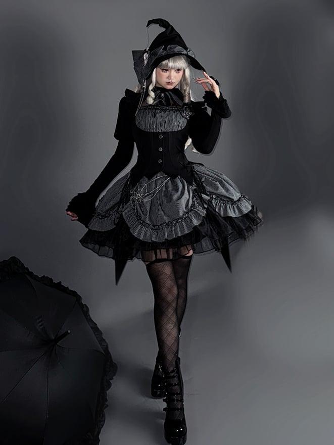 Halloween Hem Gray and Dress Black Boned Drawstring Pattern Lolita Striped Gothic Waist