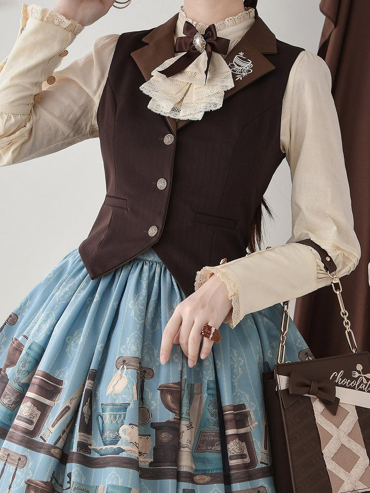 Brown Lapel Collar Coffee Cup Embroidery Striped Elegant Waistcoat - Dream Whale