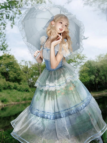 Sleeves One Oil Piece Water Lily Print Sky Square Neckline and Painting Blue Flutter