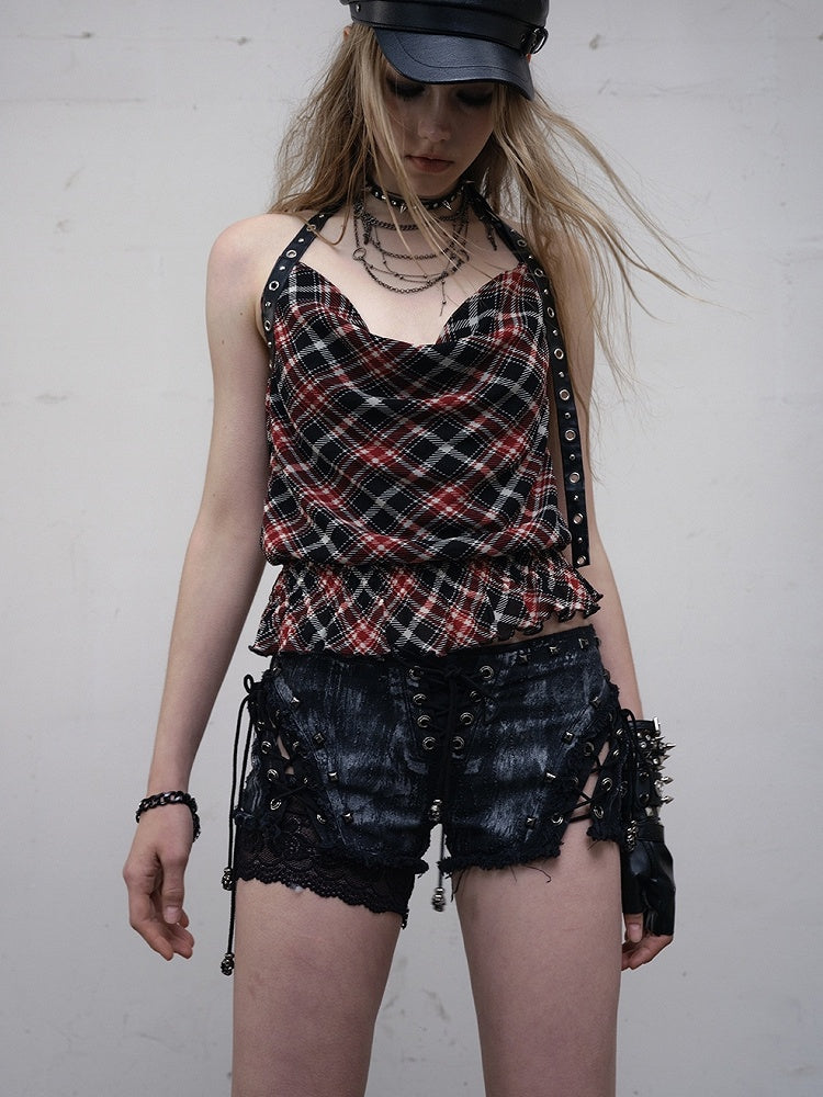 Nieten-Schnürshorts Punk-Saum Rohdetails Schwarz/Weiß Verziertes Ödland