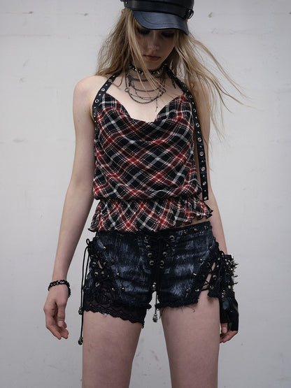 Studs Lace-up Shorts Punk Hem Raw Details Black/White Decorated Wasteland