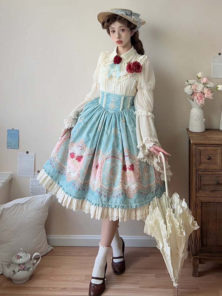 Apricot Bell Sleeves Tiered Scalloped Eyelet Trim Hemline Blouse with Lace Jabot Tie