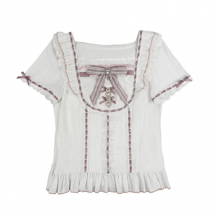 Ryousangata Pink Square-Neck Short Sleeve Cotton Blouse with Lace Trim & Rhinestone Bow - Broken Bear