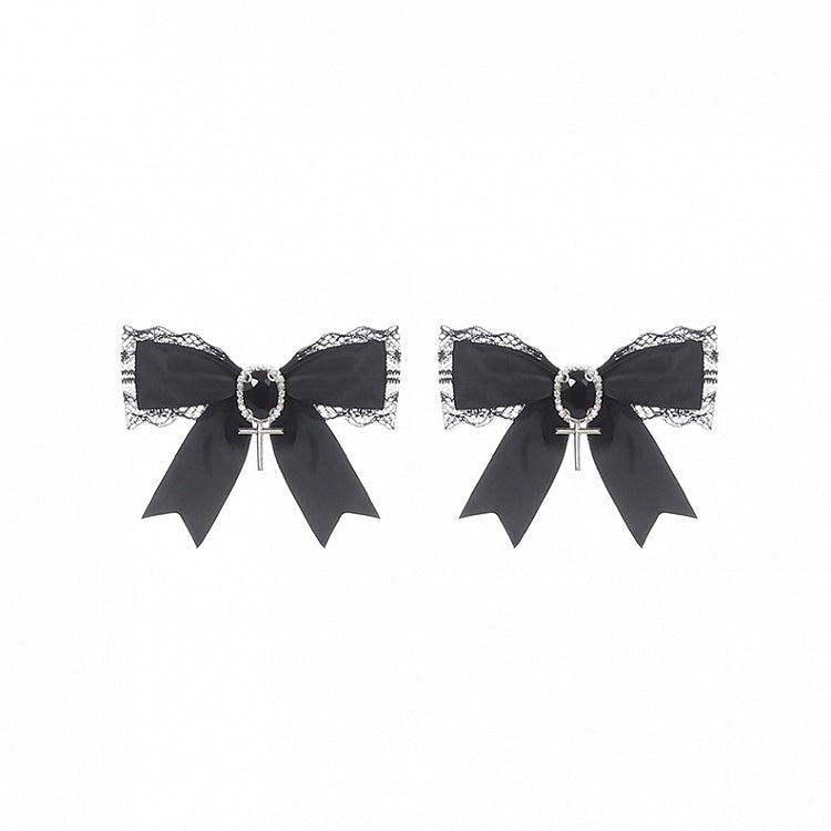 Cross Hairclips Bow Trimmed Charm Black Lace Rhinestone with