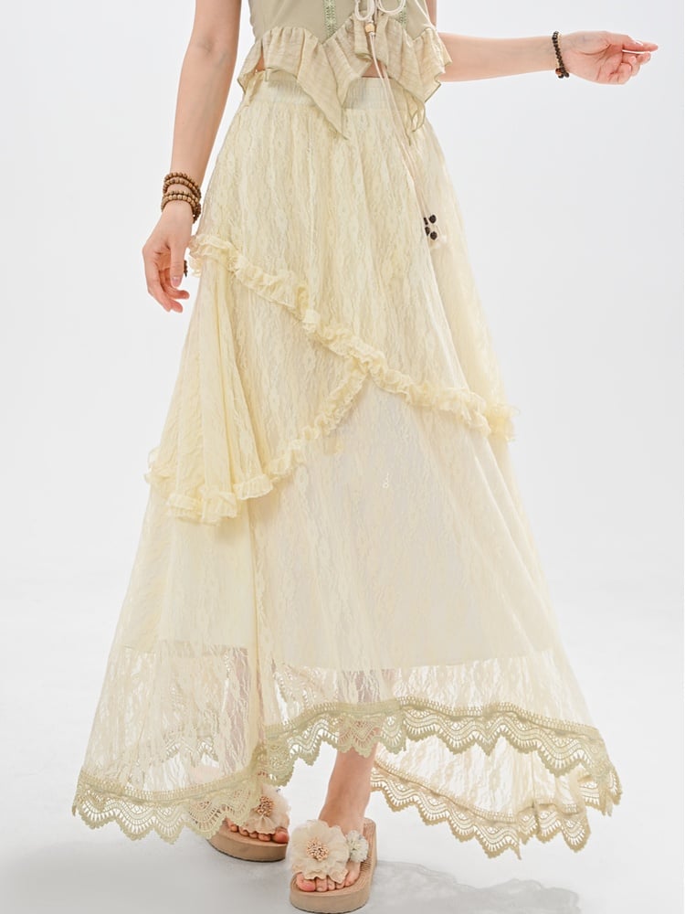 アプリコット ゴムウエスト アシンメトリー レーススカート