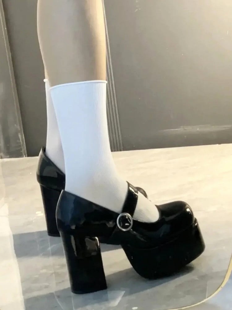 Y2K Heel High - Mary Circular with Accent Style Black Jane Block Shoes Buckle