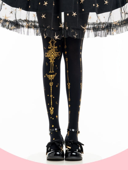 ゴシックロリータ ゴールドクロスプリント ブラックタイツ