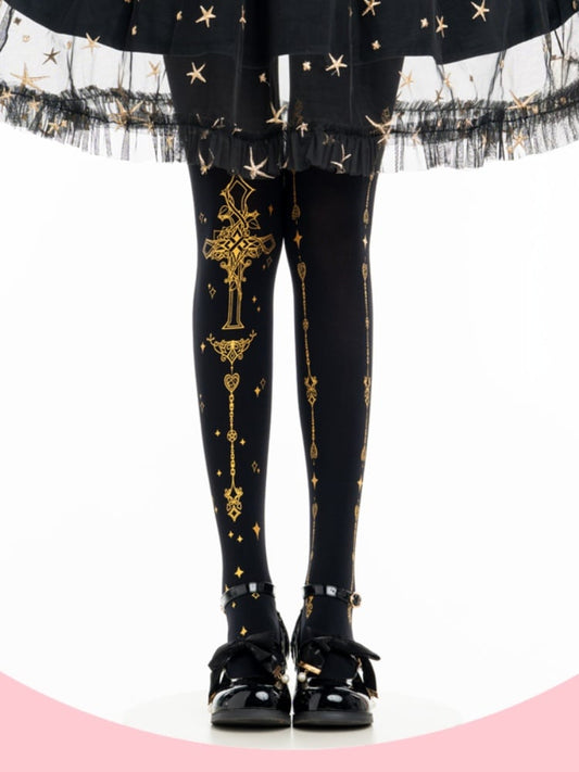 ゴシックロリータ ゴールドクロスプリント ブラックタイツ