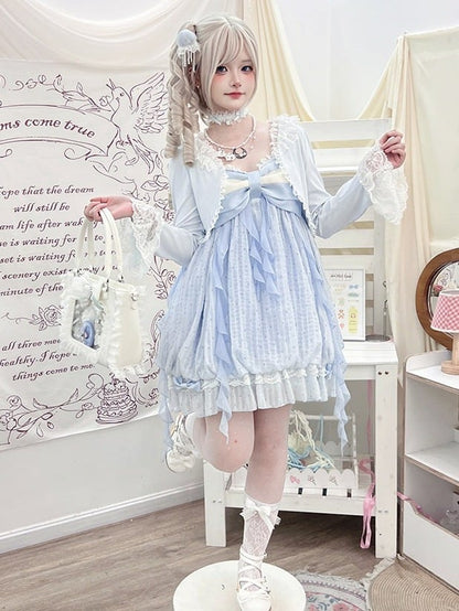 Blue Polka Dot Bow Sleeveless Bubble Dress with Lace - Tan Tuan