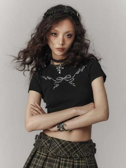 with Cutout Print Black T-Shirt Cropped Trim Bow Punk Lace White Back