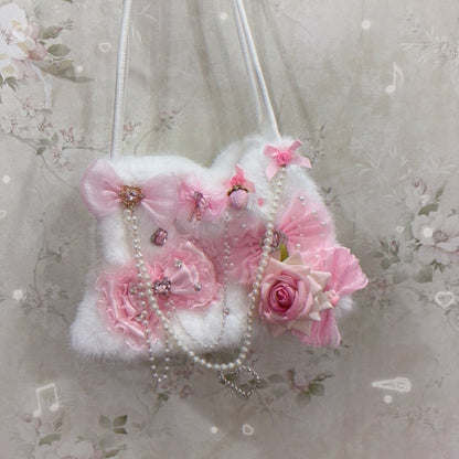 White-Pink Sweet Bag Hime Handmade Dark - Gyaru Lace Black-Pink with