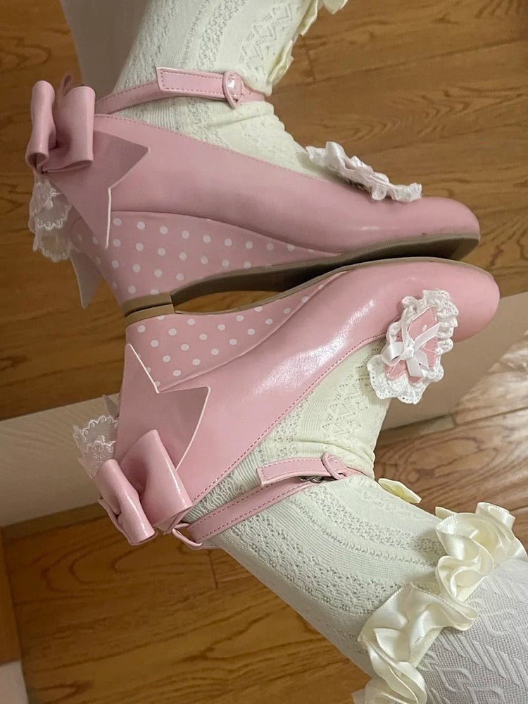 - Janes Heart Wedge Detachable Pink Mary Sweet PU Trimmed Lace Lolita