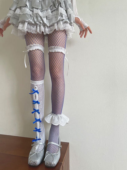 Trim Socks/Floral Cut-out Tulle Bowknot Design Stockings with Pattern Tights/White Lace Underknee Blue Fishnet