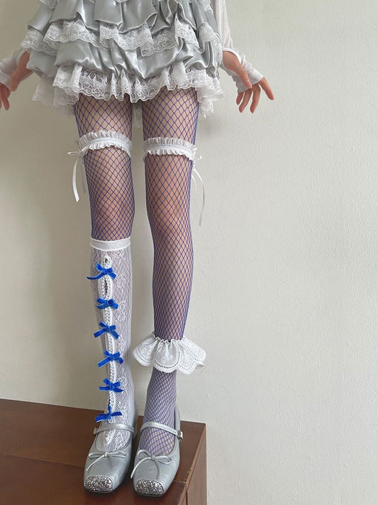 Trim Socks/Floral Cut-out Tulle Bowknot Design Stockings with Pattern Tights/White Lace Underknee Blue Fishnet