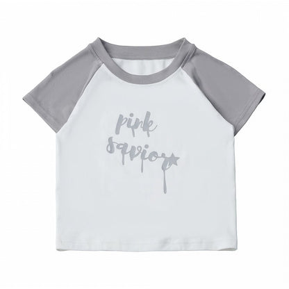 Short Sleeve Letter Print Tee in Gray and White - PINK SAVIOR
