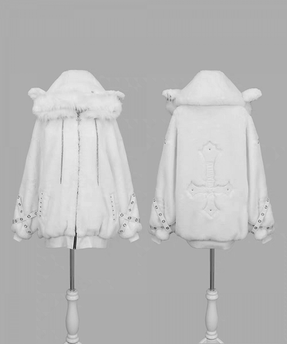 Jirai Kei White / Black Plush Lamb Ear Hooded Coat with Crossed Eyelet Straps and Back Cross Applique