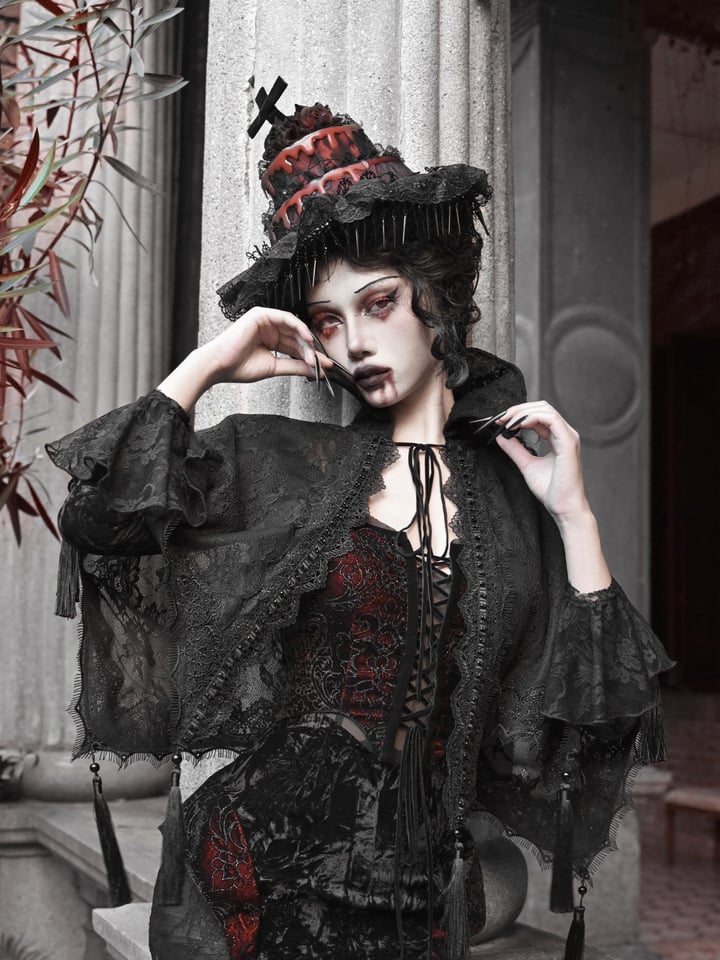 ブラックゴスヴァンパイアレースショールケープタッセルヘム