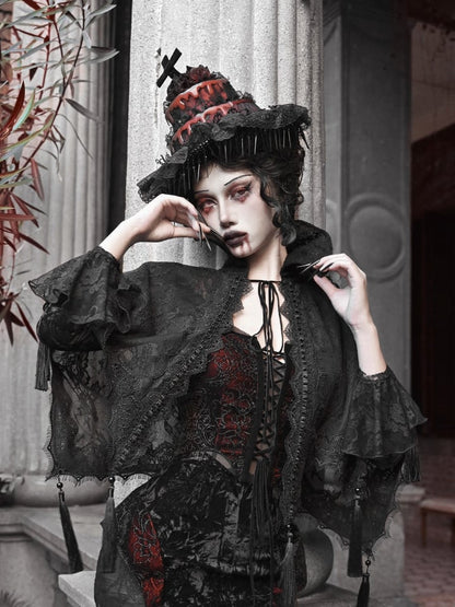 ブラックゴスヴァンパイアレースショールケープタッセルヘム