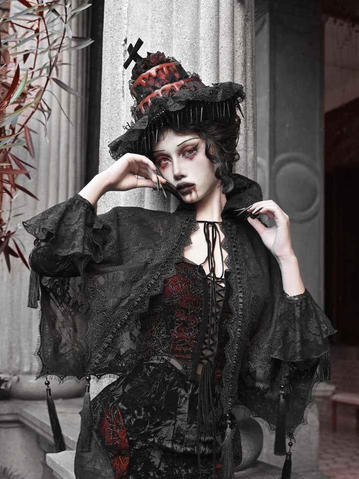 Tassels Hem Stand Shawl Lace Goth Collar Vampire Cape Black