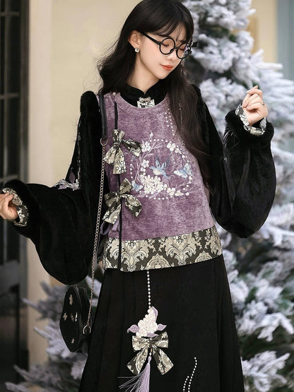 Bow-Adorned Purple and Black Vest in Chinese Style - Han Ru Chu Hanfu &amp; Han-Element Studi