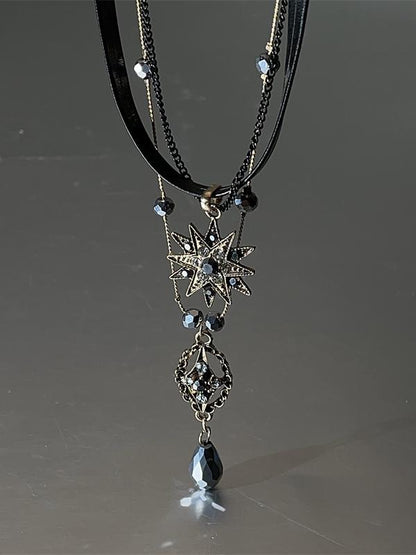 Gothic Rhinestone Multi-Layered Necklace Black