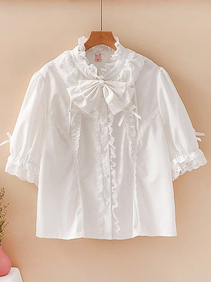 Plus Size White Black Pink Apricot Short Sleeve Lolita Stand Collar Blouse - Versatile girl