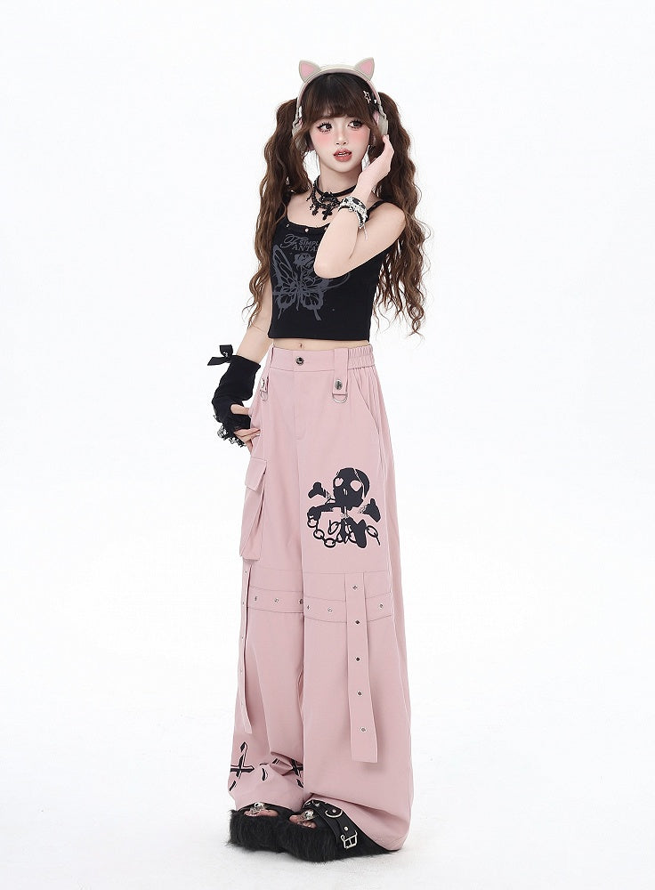 Wide-Leg Pants Black/Grey/Pink and Cross Print Pockets Cargo Skeleton