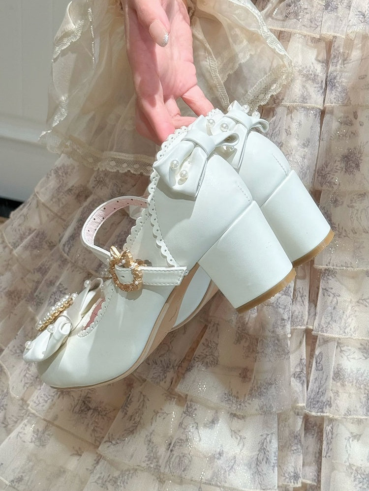 ラウンドロリータラインストーンメリートゥ装飾ディテールホワイト＆ビーズボウノットジェーンズシューズ