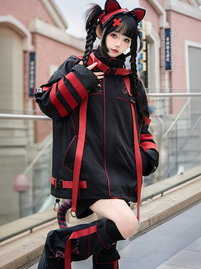 Black and Red Futuristic Techwear Landmine Style Straight-leg Shorts + Flared Leg Warmers