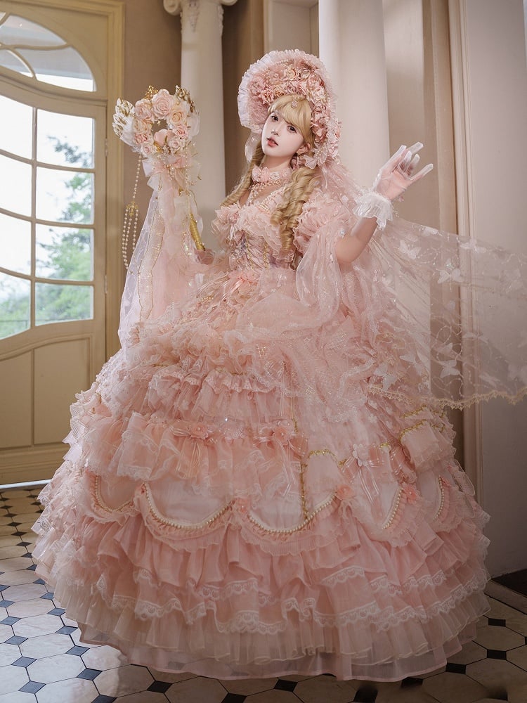 Length Wedding Floral and Lolita Gorgeous Sizes Dress Floor Chain Pink Available Hanayome Bead Plus Hime