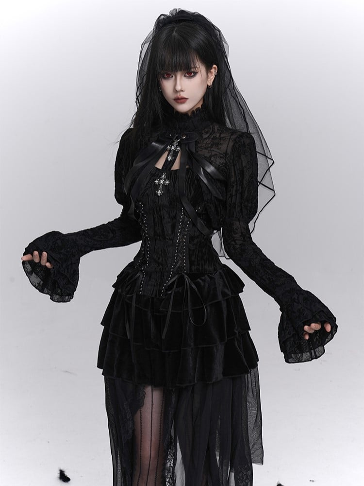 Halloween Black Sleeves Shrug Dangling with Ribbons Gothic Juliette Embroidery Floral