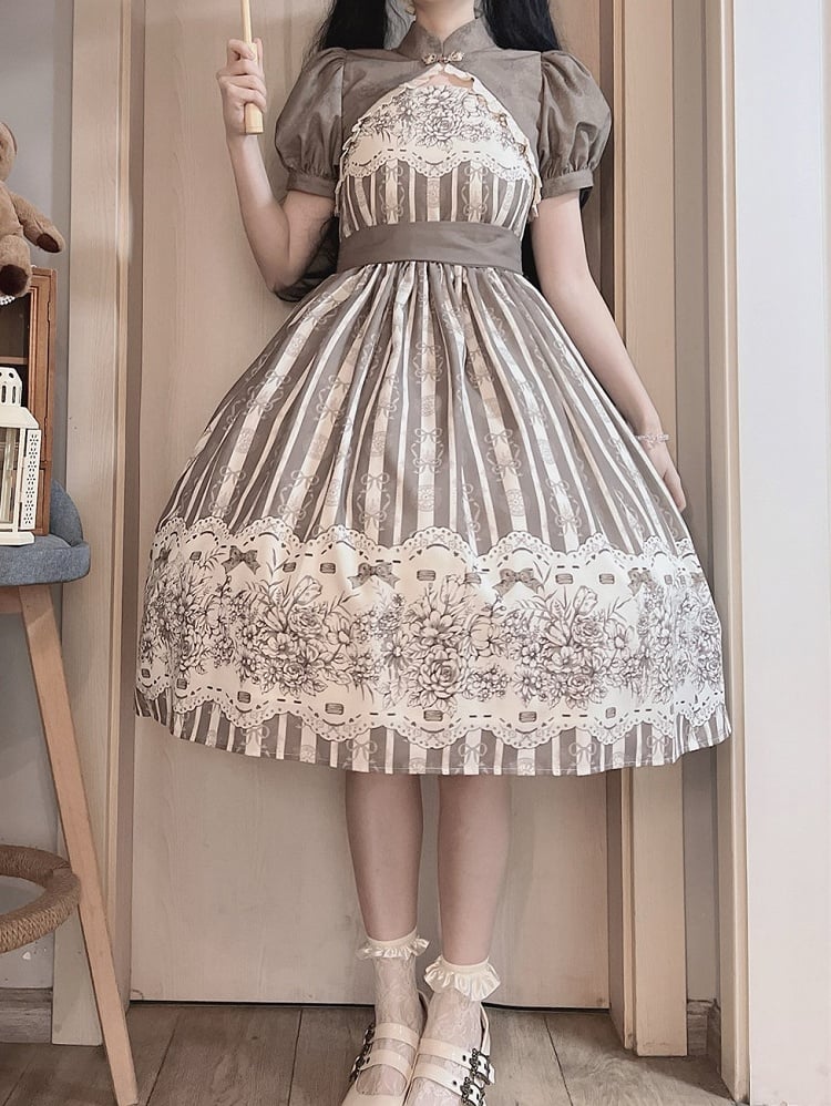 Skirt Classic Brown Long Jumper Print and Clock Lolita Floral Version