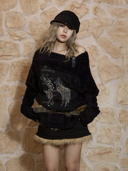 Punk Print Wing Off-Shoulder Strap Knit Top with Sleeves Batwing Black Buckle