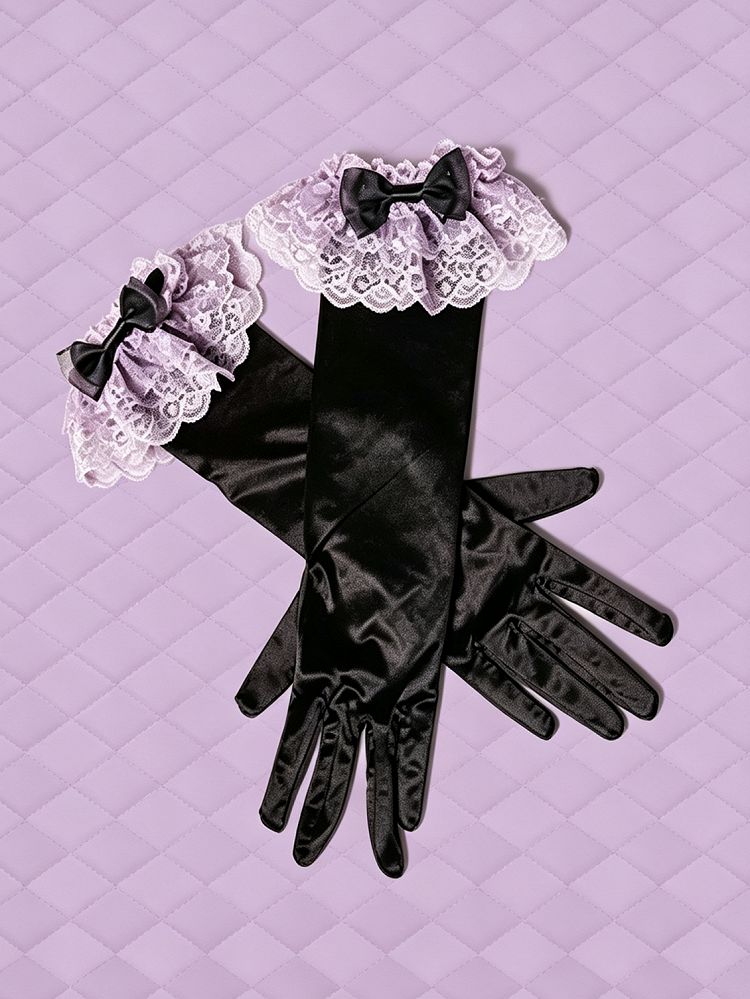 Long Lolita Gloves with Lace Trim in Black - SheepBallad