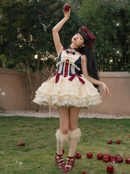 ダークブルーとレッドの取り外し可能な襟付きQiティアードフリルジャンパースカート