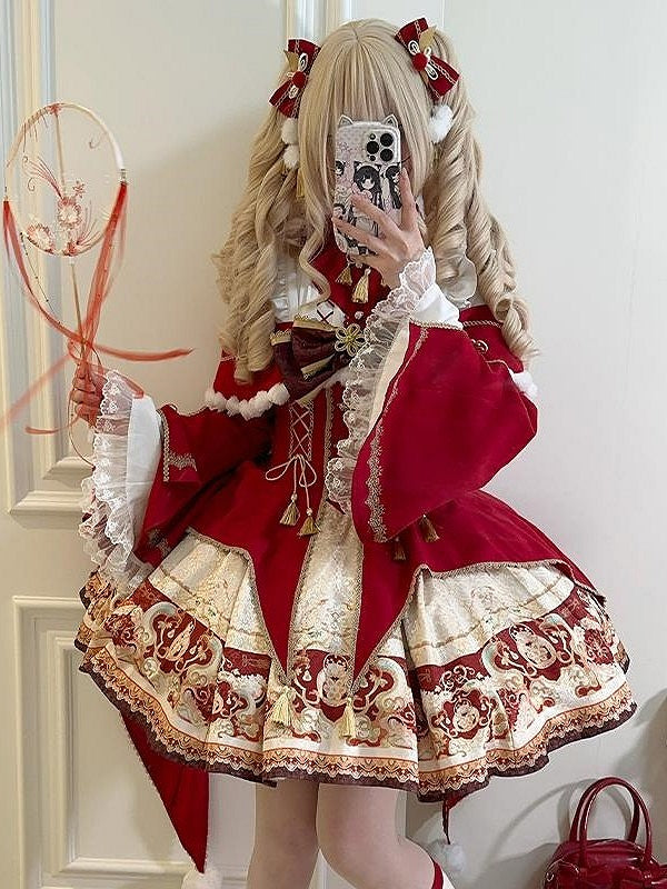 with Gold and Red Details Sleeves Dress Embroidery Tassel Chinoiserie Lolita Bell Beige