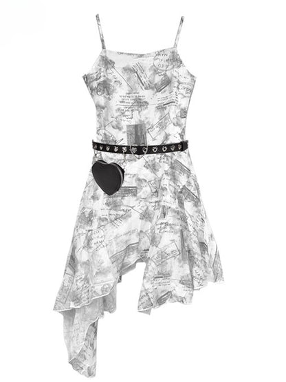 Letter Asymmetrical Hem White With Print Cami Dress