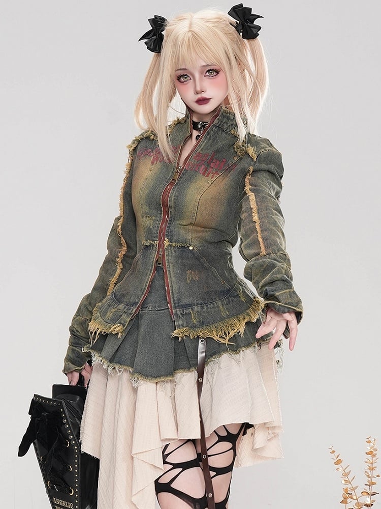 パンクグレーレタープリントディストレストリムスリムフィットデニムジャケット