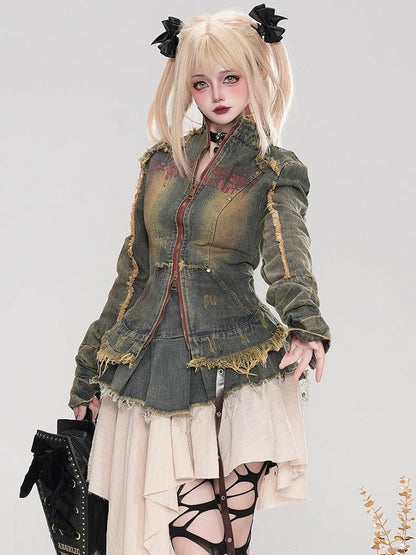 パンクグレーレタープリントディストレストリムスリムフィットデニムジャケット