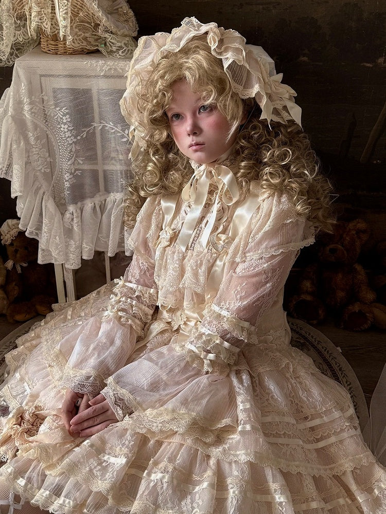 Retro Beige Lolita Lace Gown with Satin Ribbon Accents - Twin Bear Original Design