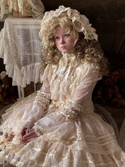 Retro Beige Lolita Lace Gown with Satin Ribbon Accents - Twin Bear Original Design