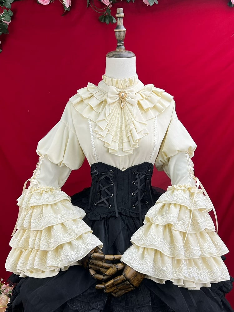 Gothic Lolita Tie Neckline Layered Ruffle Jabot Sleeves Bell Apricot with Shirt