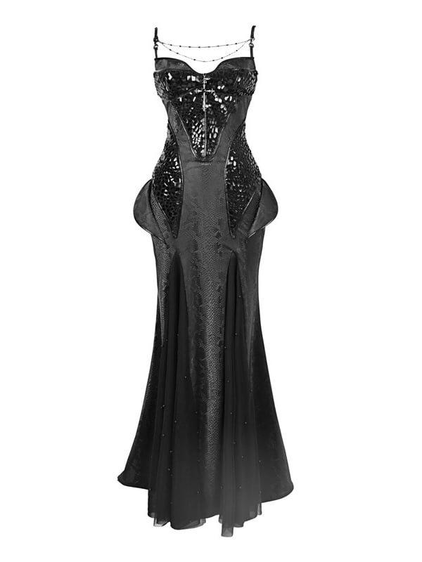 Black Victorian Bustier Bodice Spaghetti Straps Dress Evening Gown Mermaid Dress