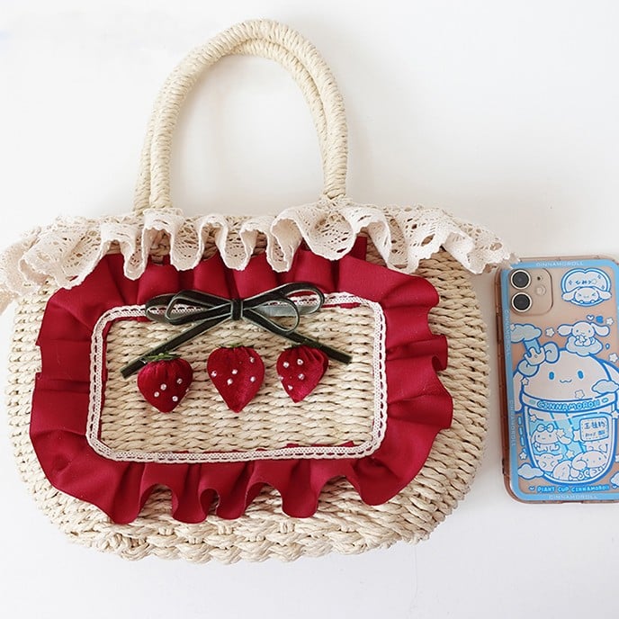 Sweet Straw Lolita Strawberry Lace Details Bag Tote