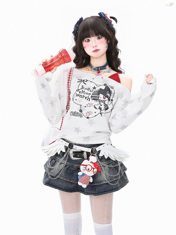 with Faux and White/Yellow Asymmetrical Two-Piece Top Cartoon One-Shoulder Star Print
