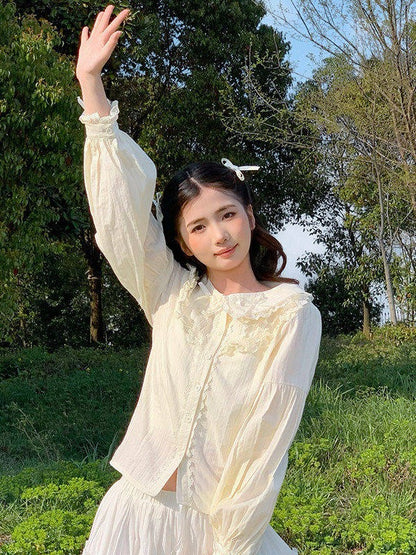 Yellow Bow-Trim Peter Pan Collar Blouse - Lan Jian Chuan