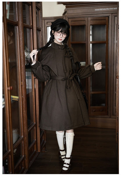 Quilted Coat Vibes Little with Dark Brown Cape Design Lining Academia Cotton Detective